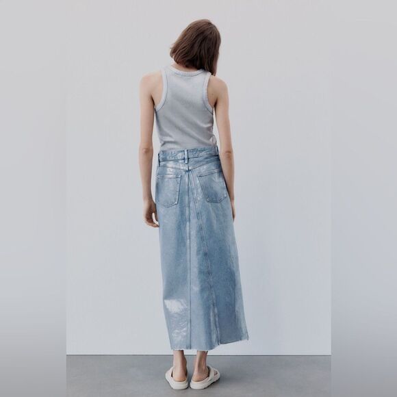 ZARA TRF METALLIC DENIM ASYMMETRIC SKIRT NWT - Picture 3 of 16
